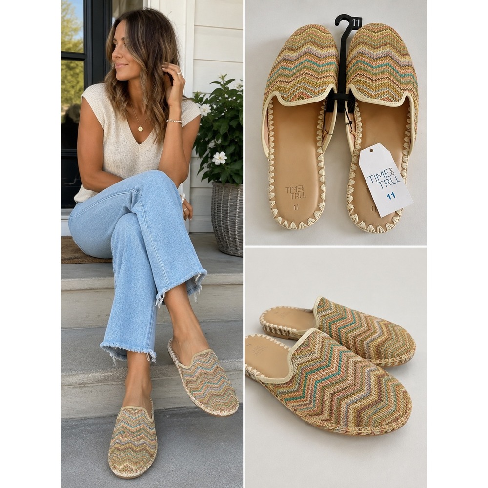 Time and Tru Womens Woven Straw Mules Multicolor Chevron Slip On Flats Size 11